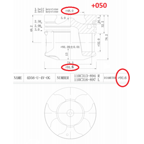 Repair pistons +050 91.6 mm 4D56U 4D56T 16V Mitsubishi L200 with piston rings (combustion chamber d 48 mm)